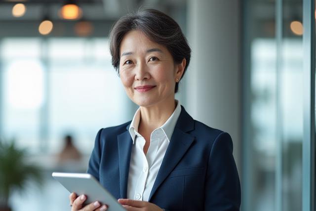 태블릿을 사용하는 자신감 있는 중년 전문직 여성